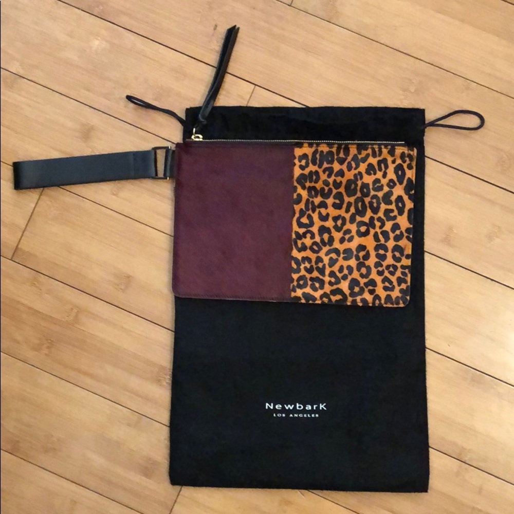 Newbark calf-hair cheetah and burgundy clutch